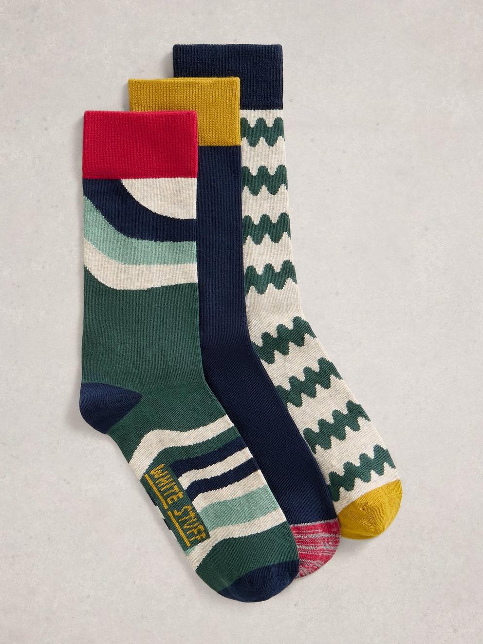 3PK Pattern Ankle Socks in GREEN MULTI