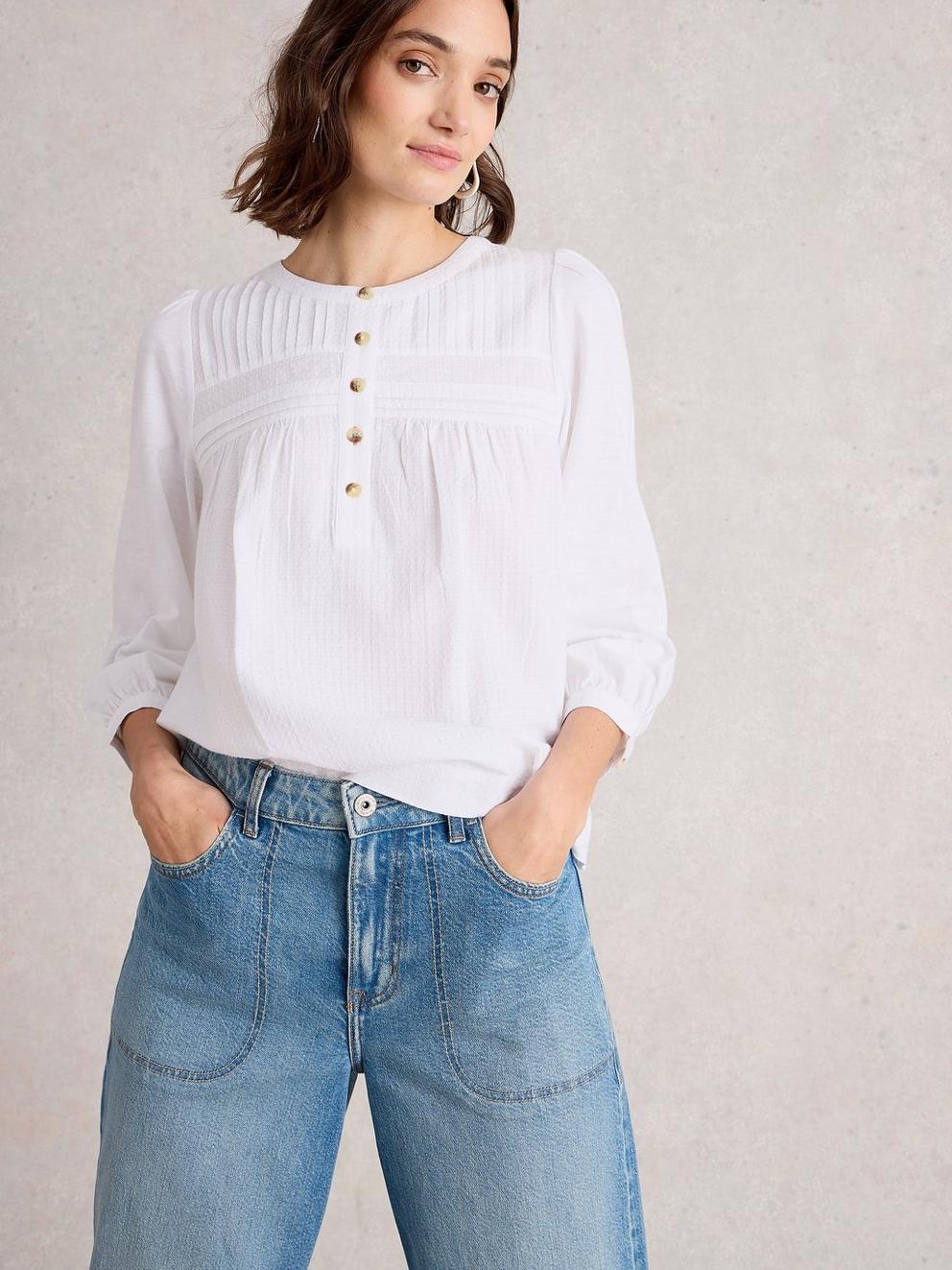 ISLA HALF BUTTON TOP in BRILLIANT WHITE